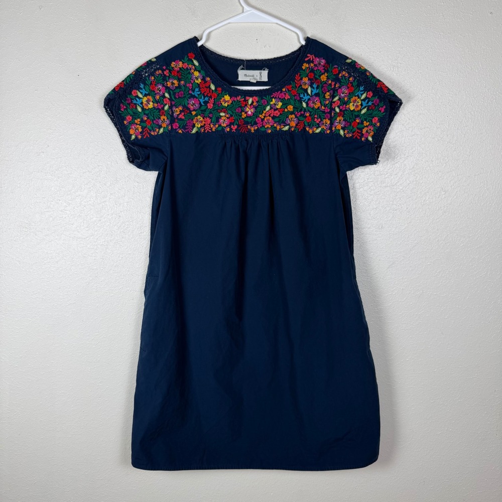 Madewell x JM Dry Goods Navy Blue Floral Embroidered‎ Cotton Shift Dress XS